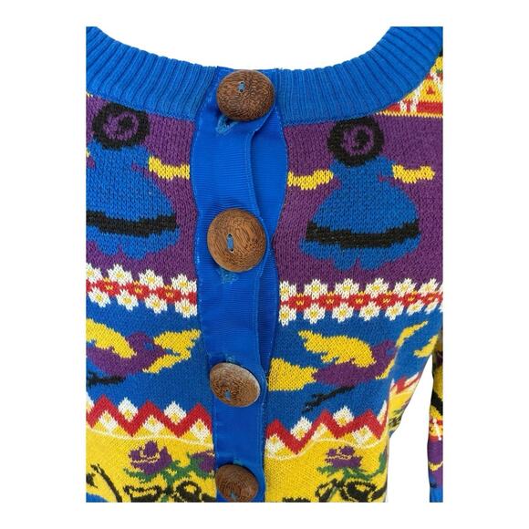 Vintage Betsey Johnson Punk Label Crop Cardigan Alley Cat Fair Aisle Print L Mod - Picture 9 of 16